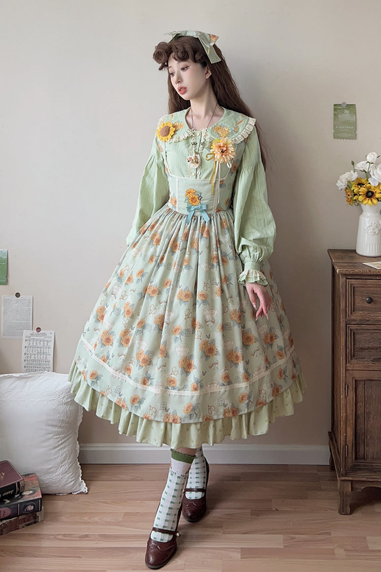 Green Sunflower Sleeveless Floral Bow Elegant Uplift Jsk