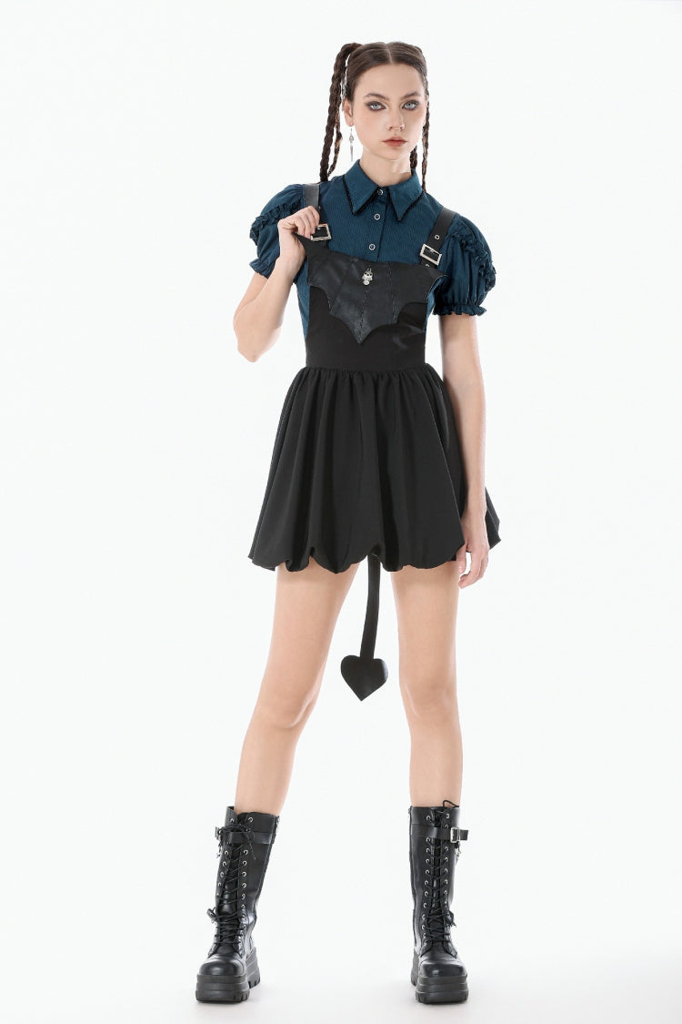 Gothic Suspender Dress with Bat Wing Buckles and Tail for Graduation