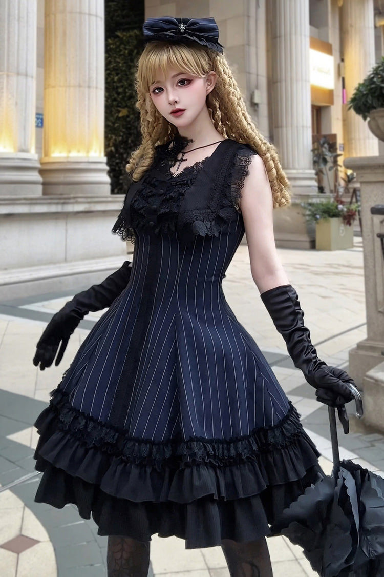 Escape Double-Layered Jacquard Striped Ruffled Slim Gothic Lolita Jumper Dress in Three Shades