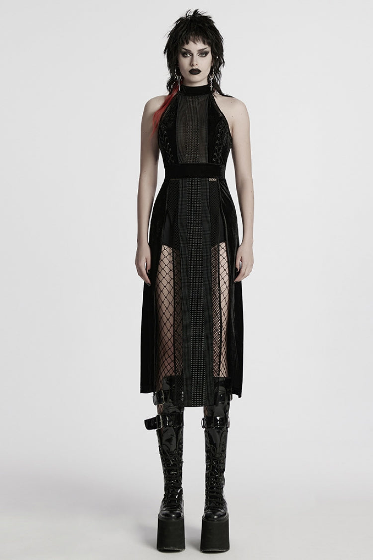 Ebony Halterneck Sleeveless Stitching Mesh Gothic Dress