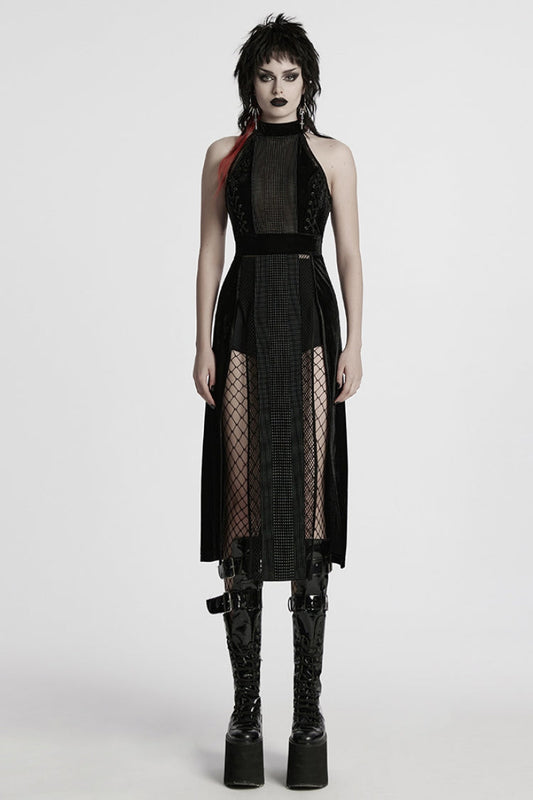 Ebony Halterneck Sleeveless Stitching Mesh Gothic Dress
