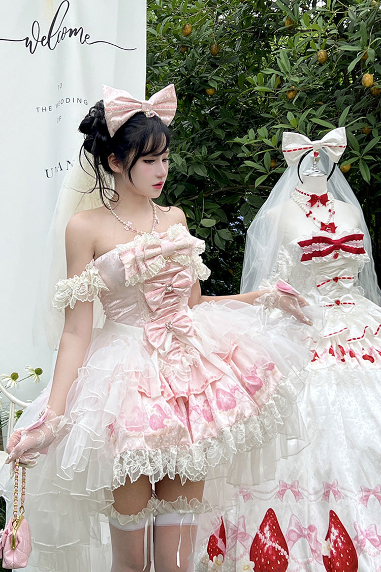 True Love Strawberry Print Dress with Off-Shoulder & Bow