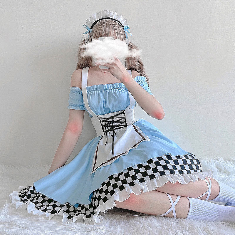 Blue Lace Up Lattice Rulffled Lolita Dress