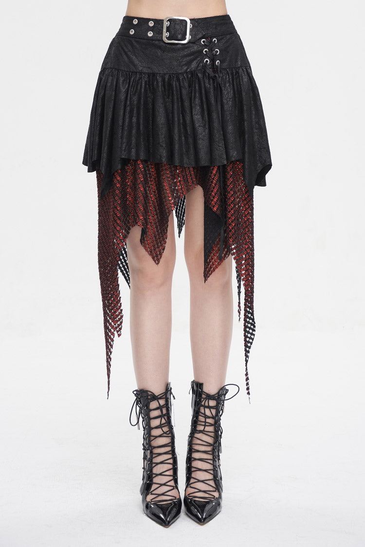 Crimson Noir Asymmetrical Mesh Patch Buckled Women's Gothic Skirt