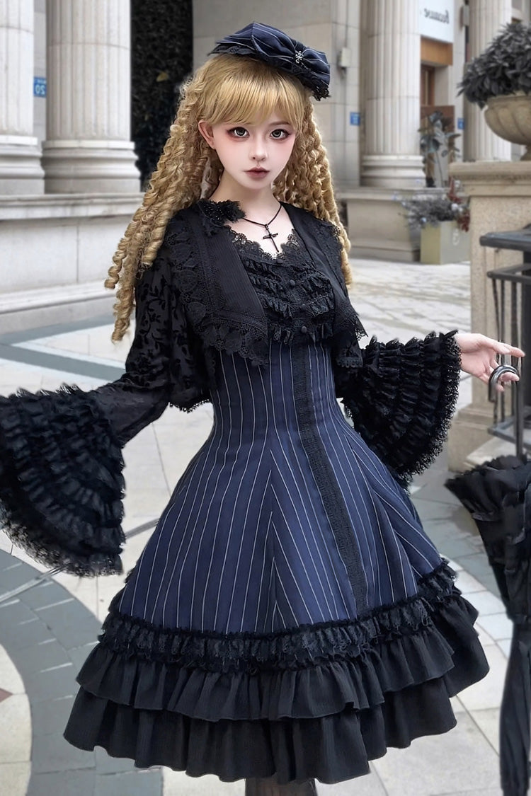 Escape Double-Layered Jacquard Striped Ruffled Slim Gothic Lolita Jumper Dress in Three Shades