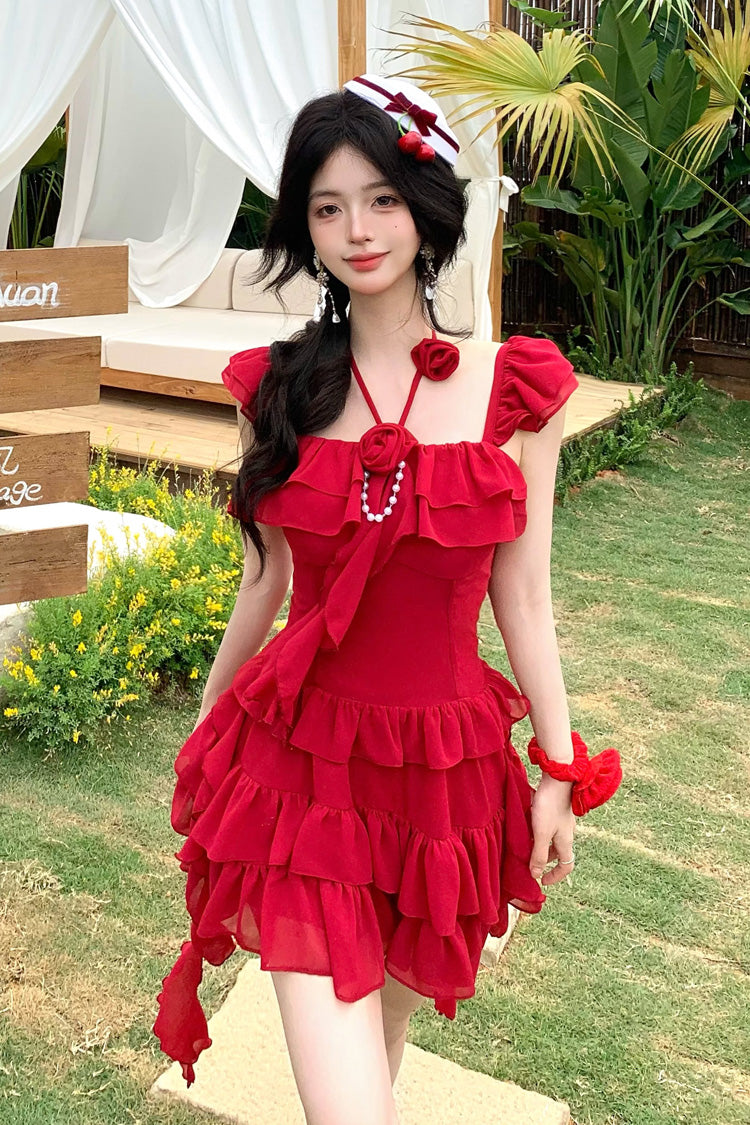 Crimson Three-Tier Frilled Bow Summer Holiday Sweet Lolita Gown