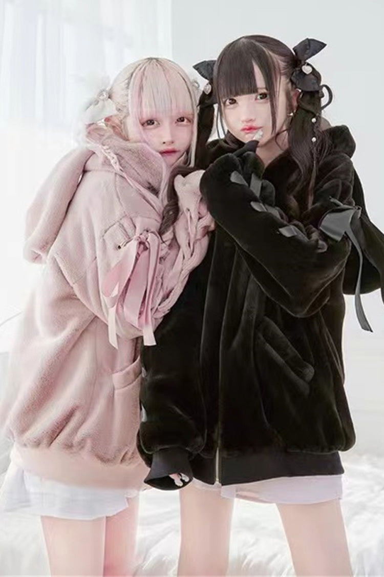 Rabbit-Ear Hooded Bow Lace-Up Long-Sleeve Noir Coat