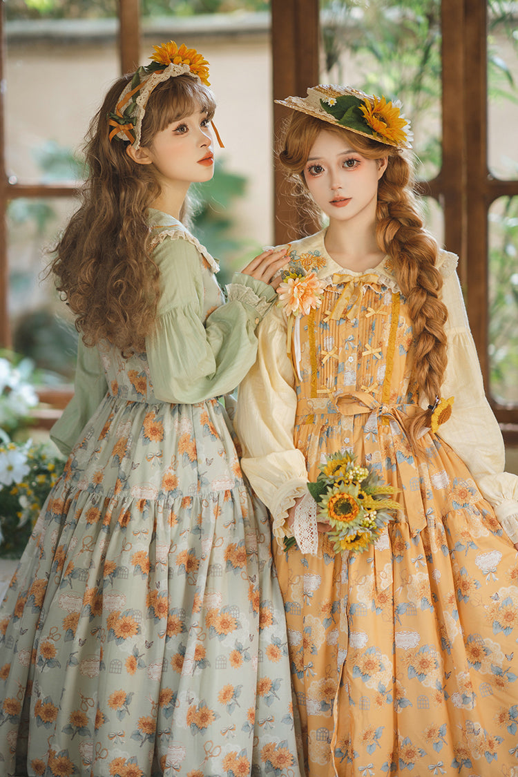 Yellow Sunflower Sleeveless Floral Bow Elegant Jsk Dress