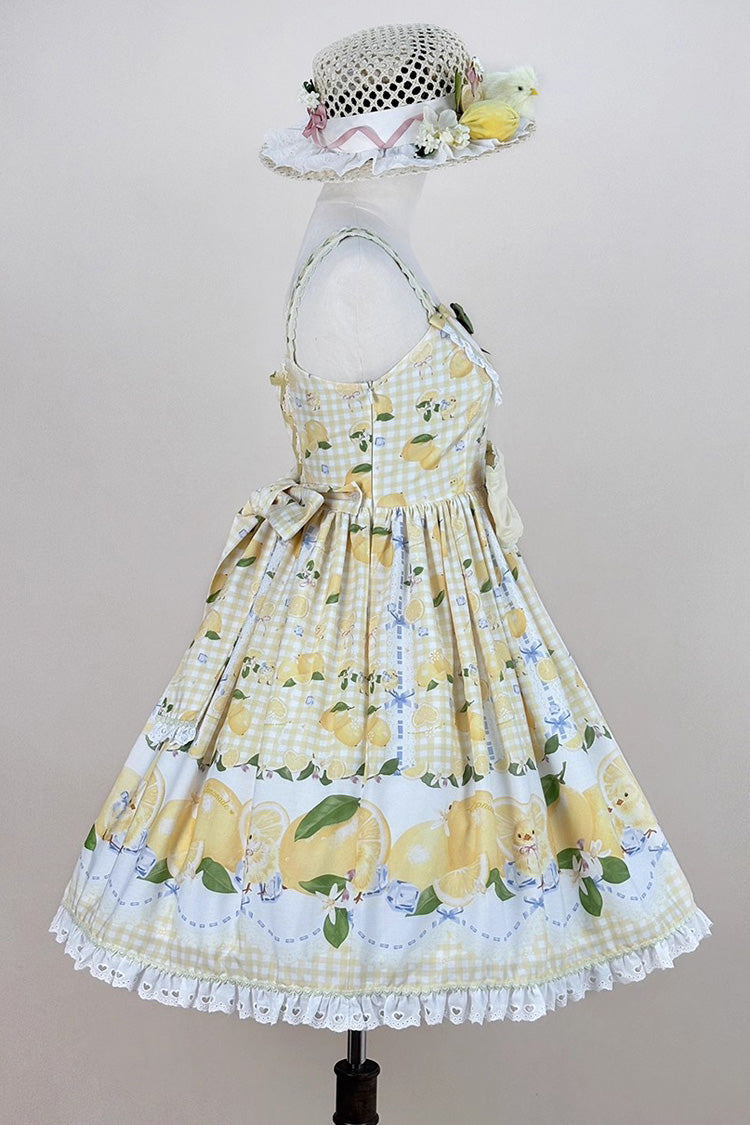 Sunshine Printed Ruffle Bow Lace Sweet Jumper Dress - Lemon Chicken