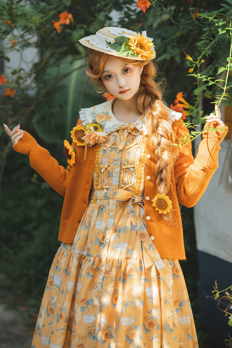 Yellow Sunflower Sleeveless Floral Bow Elegant Jsk Dress