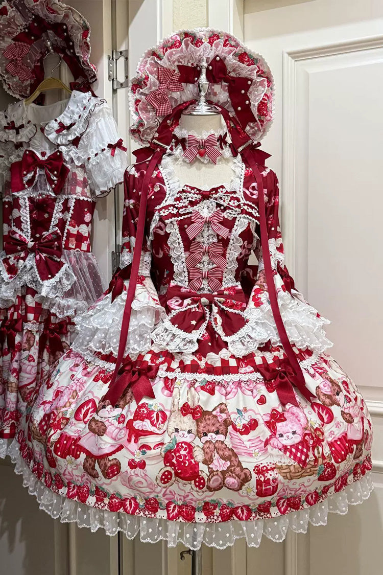 Scarlet Sweet Berry Bunny Bear Half Sleeve Printed Bow Lace Laced Sweet Lolita OP Dress