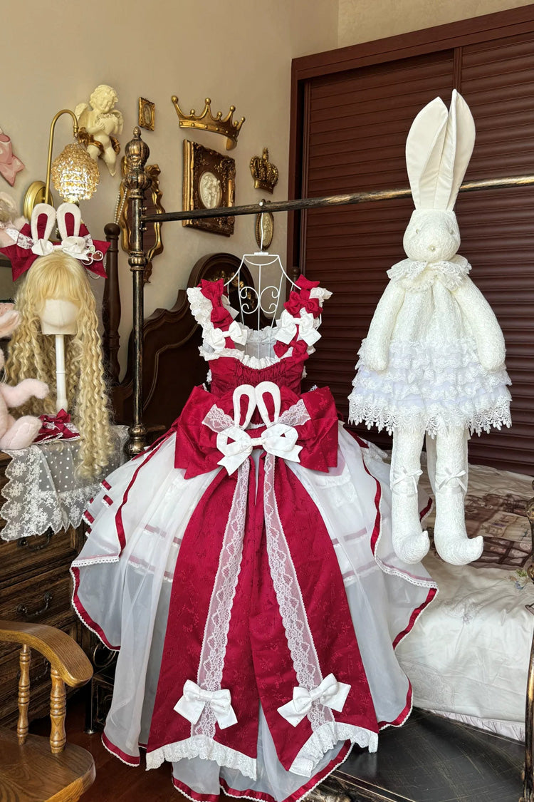 Scarlet Velvet Rabbit Sleeveless Multi-Layered Ruffled Bow Sweet Lolita Jumper Dress Set