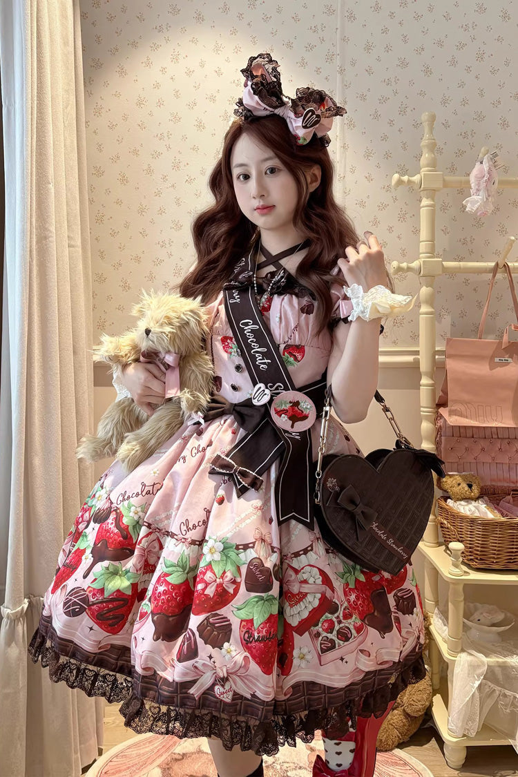 Square Collar Short Sleeves Printed Ruffled Bow Lace Sweet Lolita Dress - Strawberry Chocolate Lover