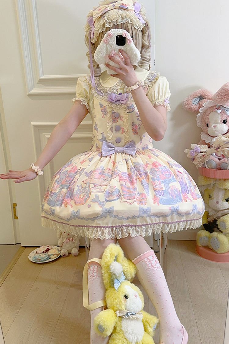 Mermaid Print Bowknot Lace Strap Dress - Light Yellow