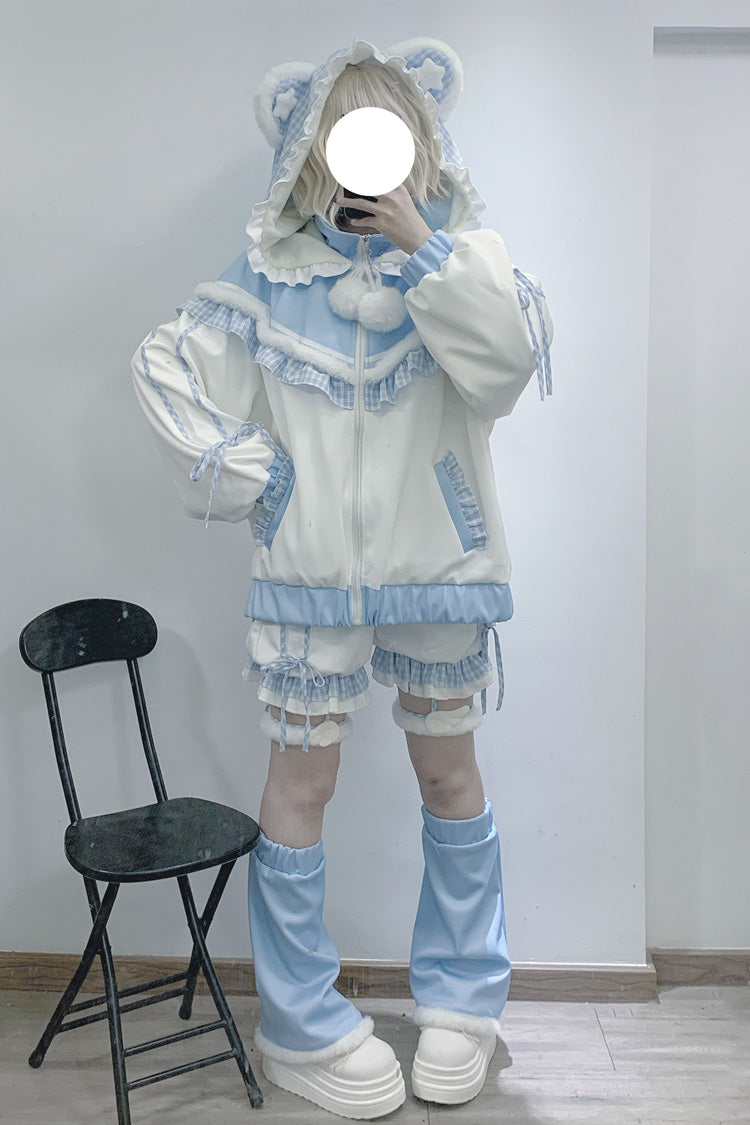 White Blue Long Sleeve Ruffled Hooded Jirai Kei Sports Coat