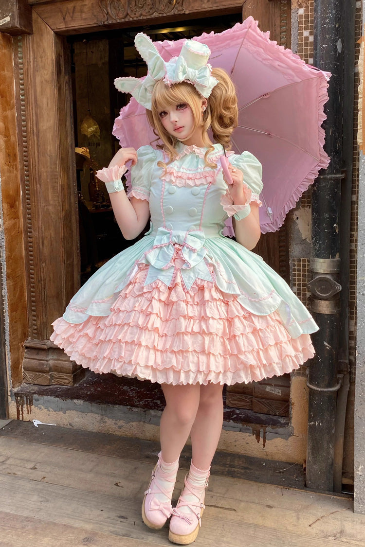 Pink Green Honeydew Melon Short Sleeve Layered Ruffle Bow Sweet Dress