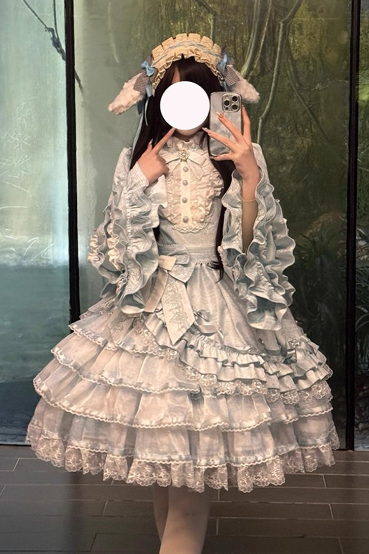 Soloist Doll Long Hime Sleeve Layered Print Ruffle Asymmetric Sweet Lolita Dress