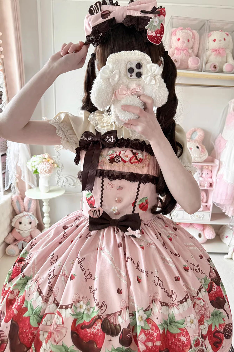 Blush Sleeveless Embroidered Bow Lace Lolita JSK - Strawberry Chocolate Lover