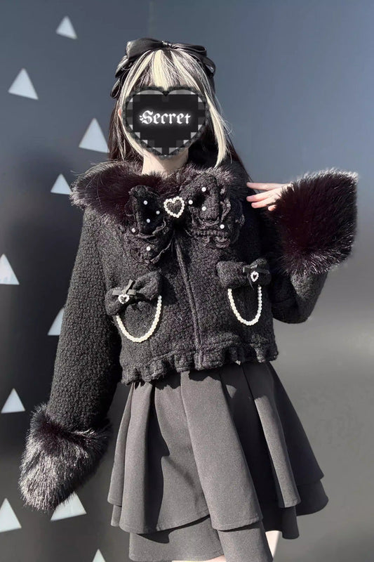 Long Sleeves Bow Sheep Wool Gothic Jirai Kei Short Coat