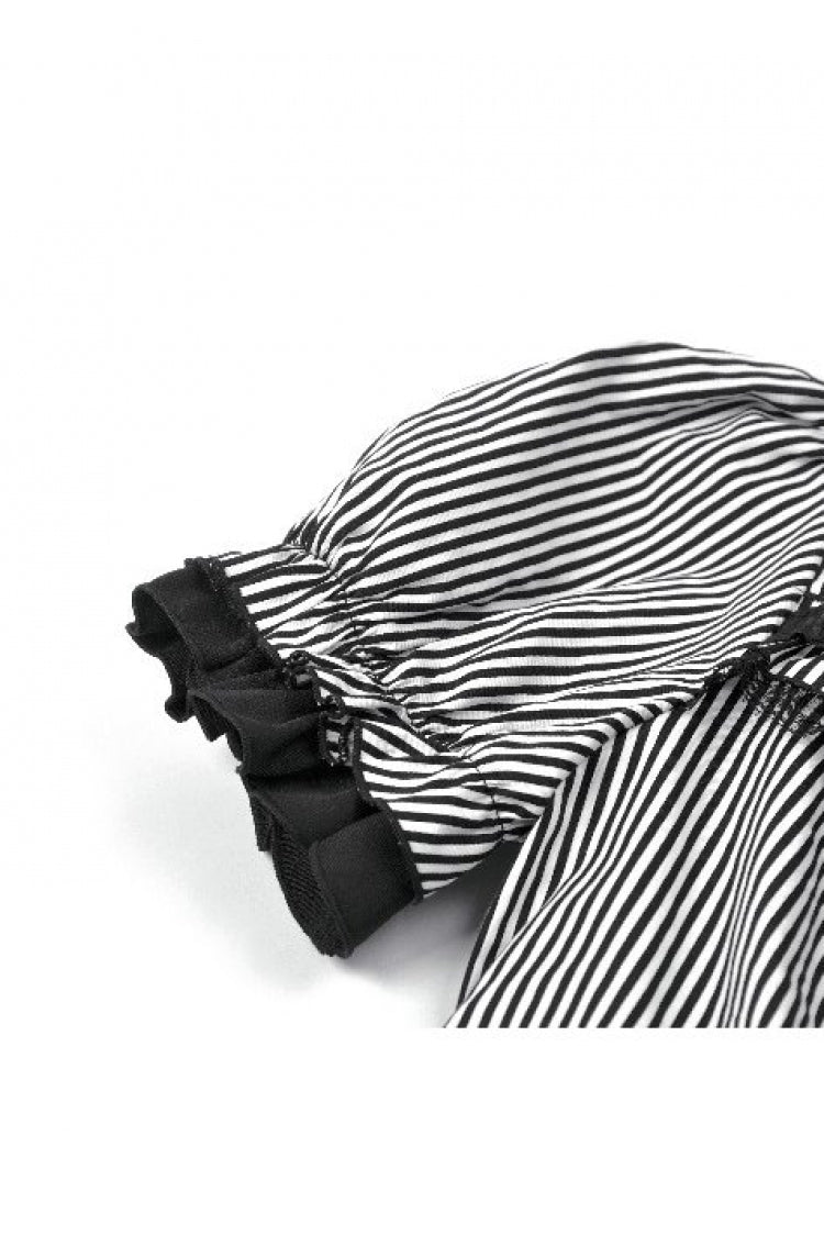 Monochrome Preppy Swallow-Tailed Blouse with Pinstripes and Detachable Tie