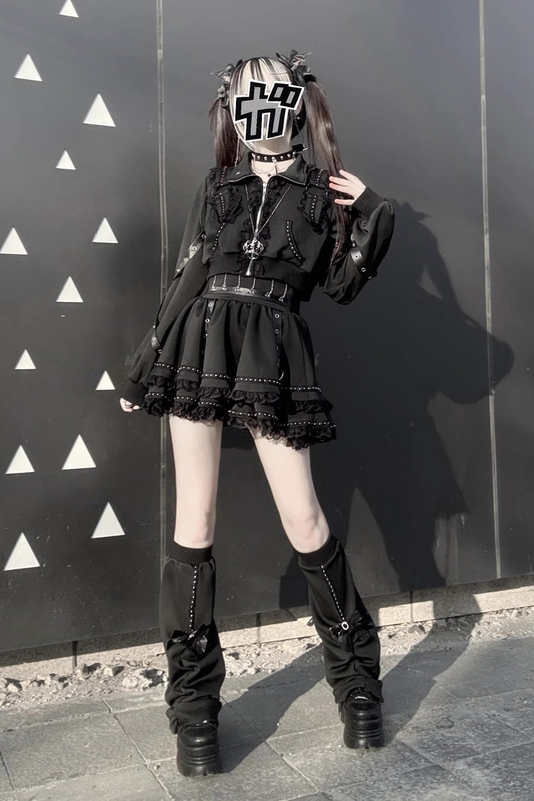 Ruffled Lace Zippered Gothic Jirai Kei Handsome Skirt Set
