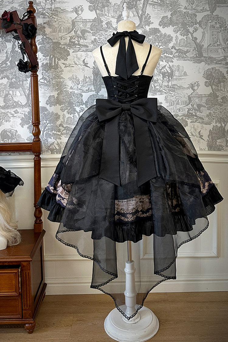 Noir Halter Neck Printed Ruffle Bow Drawstring Gothic Dress - The Mystery of The Doll