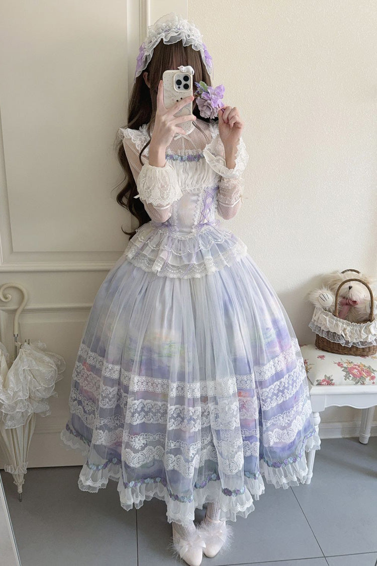 Light Purple Mist-shrouded Vineyard Sleeveless Ruffle Lace-Up Jsk Dress
