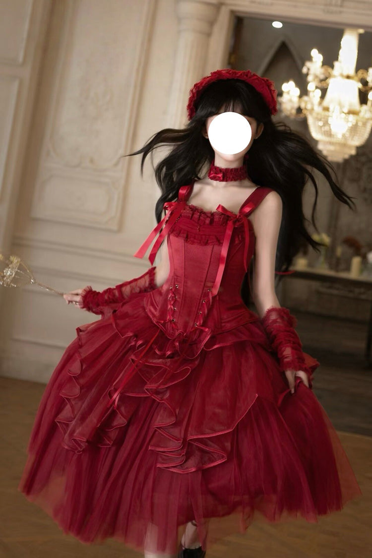 Scarlet The Summer Waves Sparkle Square Neck Sleeveless Multi-Layered Ruffled Bow Laced Slim Lolita Skirt Set