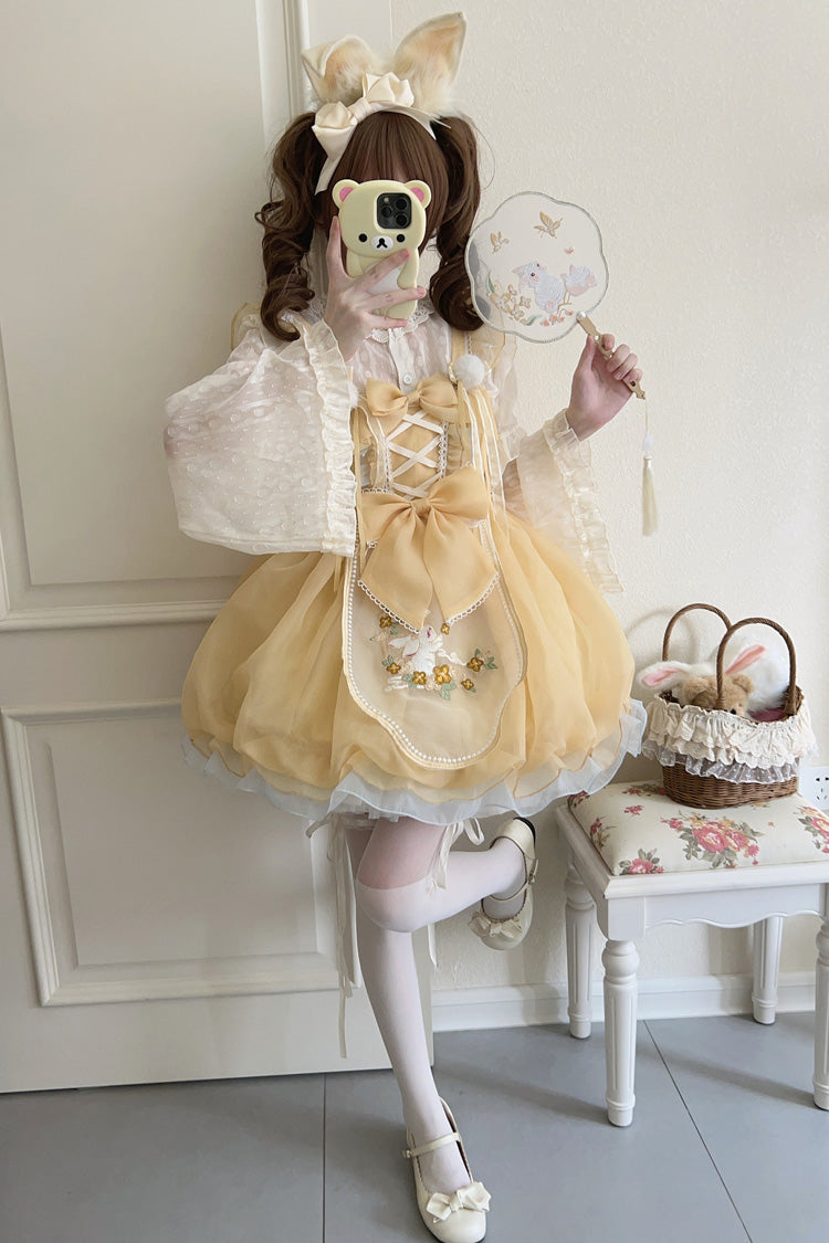 Yellow Moon Rabbit Embroidery Ruffled Bowknot Lace Sweet Lolita JSK