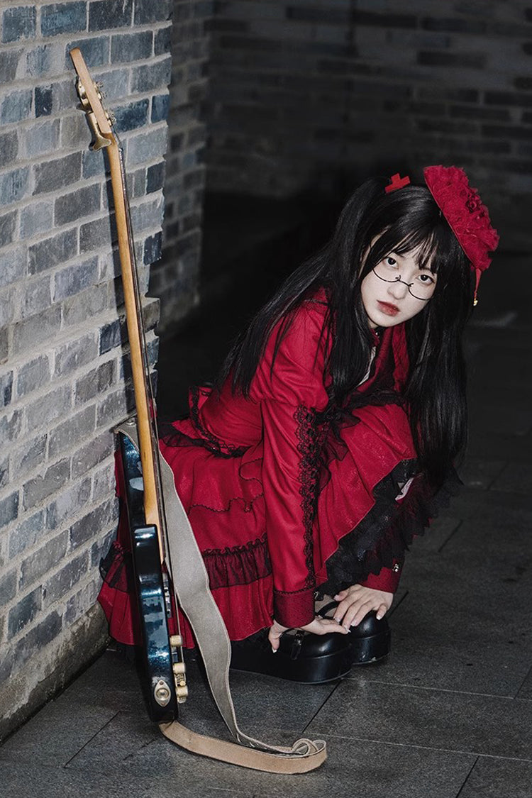 Red Gothic Punk Skirt Set with Removable Corsage and Long Sleeves