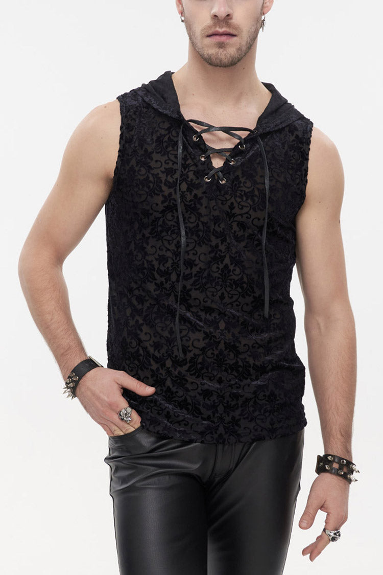 Velvet Jacquard Chest-Tie Sleeveless Punk Hoodie Shirt