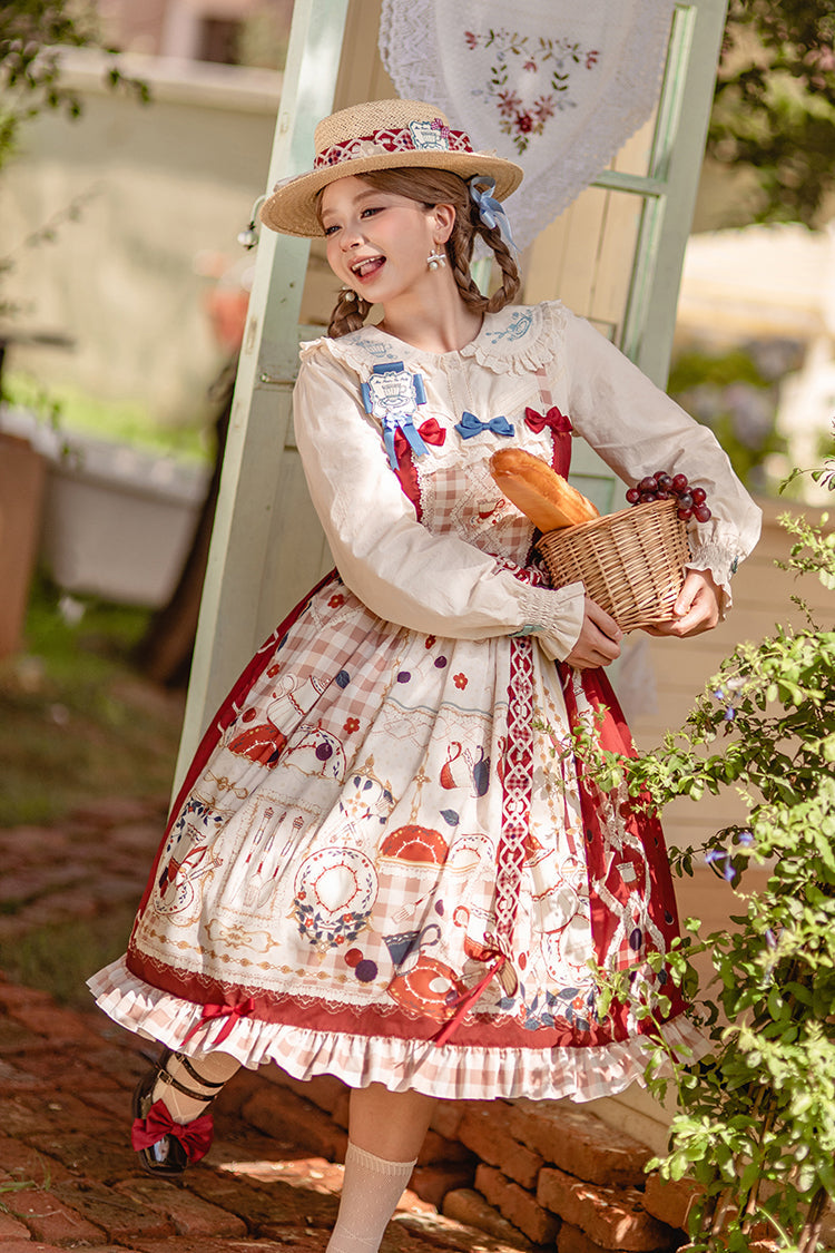 Scarlet Tea Party Printed Ruffled Bow Lace Sweet Elegant Lolita Jumper Dress