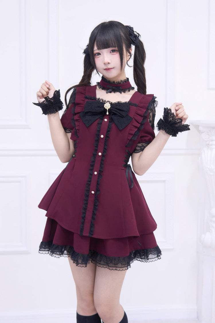 Scarlet Waltz Short Sleeve Ruffled Bow Gothic Jirai Kei Japanese Dress Set