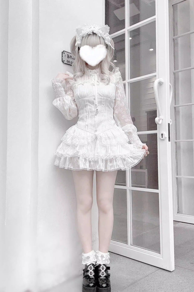 Triple-Layered Multi-Layered Jacquard Ruffled Lace-Up Gothic Jirai Kei Blouse and Pumpkin Shorts Set