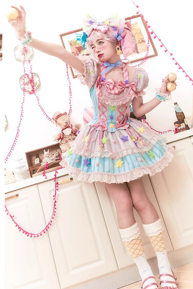 Pink Sugar Magic Printed Ruffle Bow Lace-Up Lolita Gown
