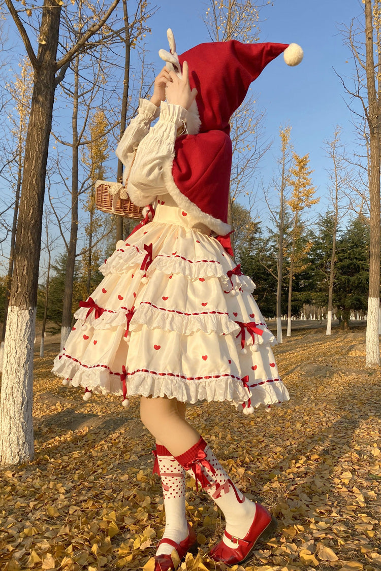 Crimson Apricot Triple-Layered Printed Ruffled Bow Lace Sweet Princess Lolita Dress with Cape