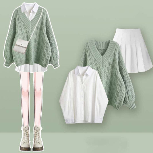 V-neck Cable Sweater Lapel Shirt Pleated Skirt Set