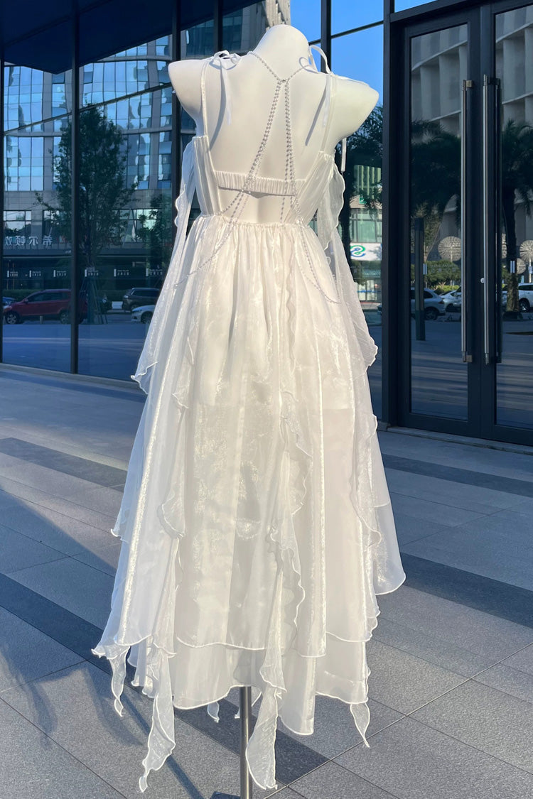Ivory Moonlit Chiffon Open-Back Bow Accent Asymmetric JSK
