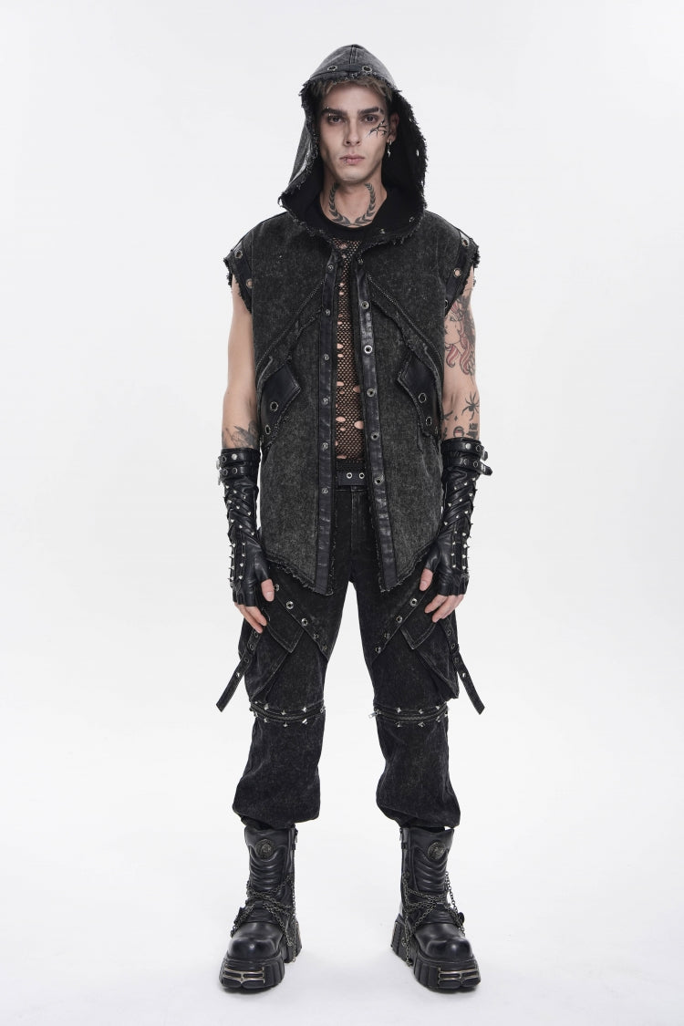 Noir Punk Vest with Hood and Buckle Accents
