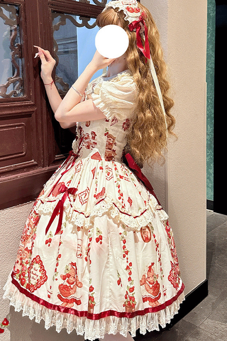 Ivory Scarlet Sleeveless Printed Ruffle Embroidered Bow Lace Sweet Jumper Dress - Strawberry Bear