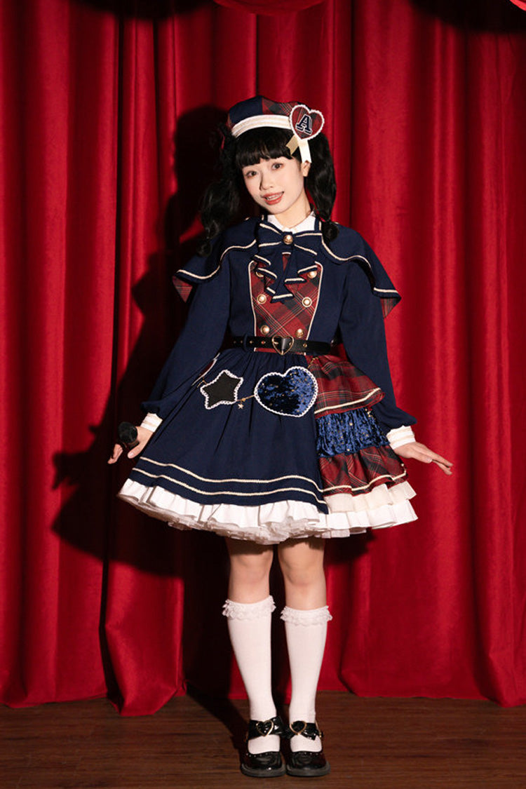 Red Dark Blue Starlight Academy Style Long Sleeves Printed Ruffled Spliced Asymmetric Faux Two-Piece Sweet Dress
