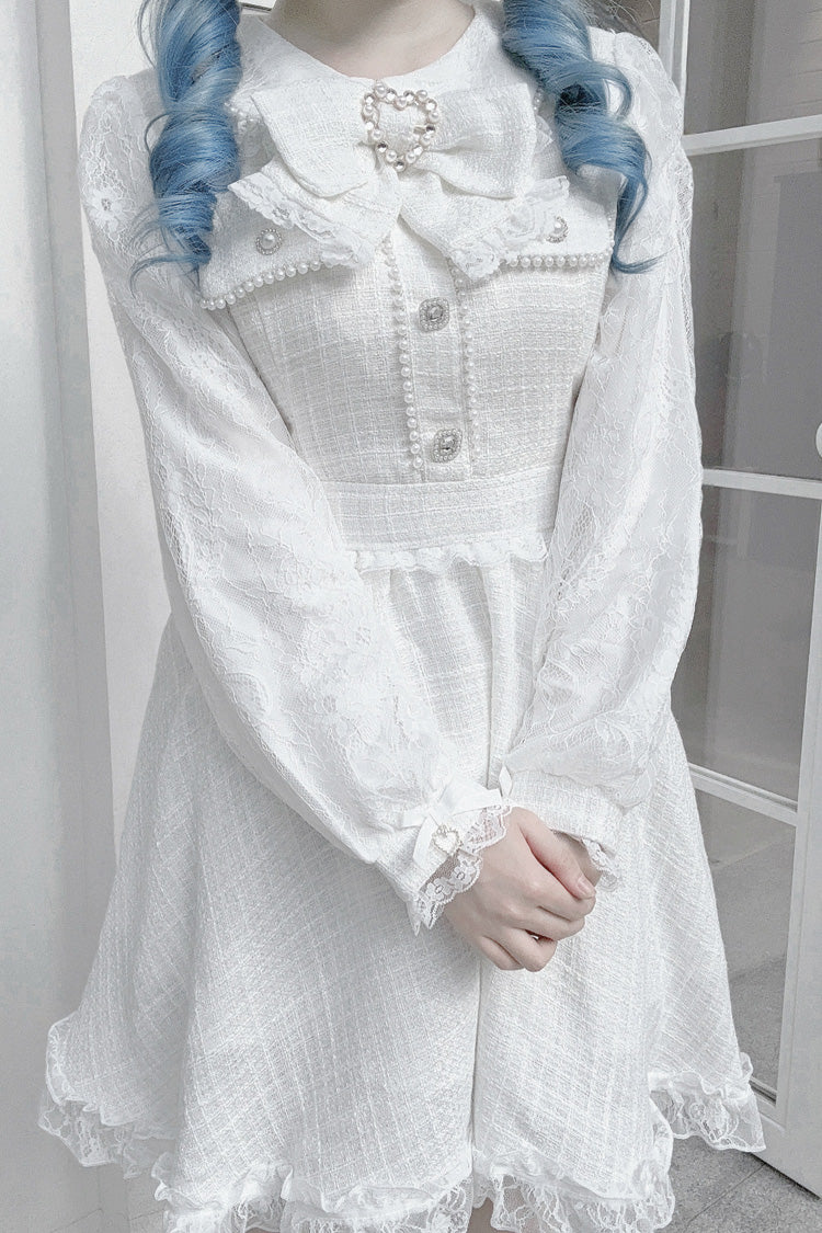 Ivory Bow Lace Pearl Sweet Dark Jirai Kei Dress
