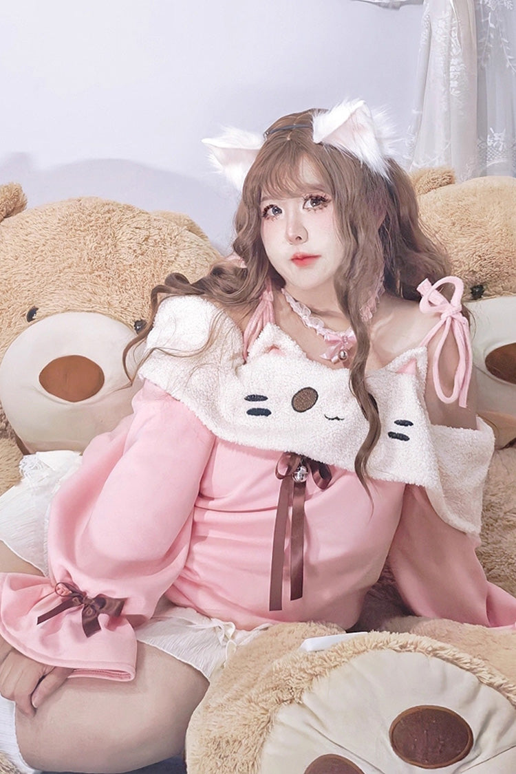 Kitten Lolita Skirt Set with Boat Neck & Lantern Sleeves