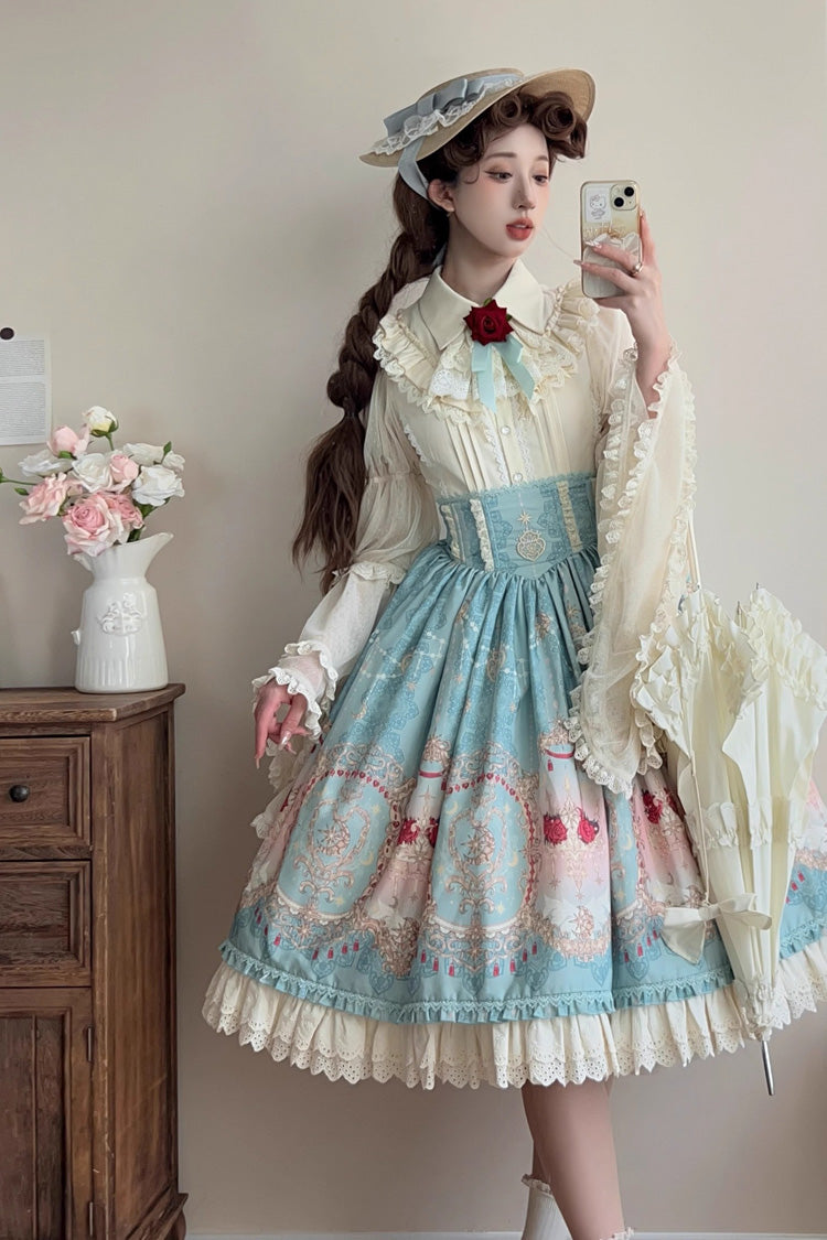 Blue Moonlit Garden Print Ruffle Lace Sweet Palace Lolita Skirt