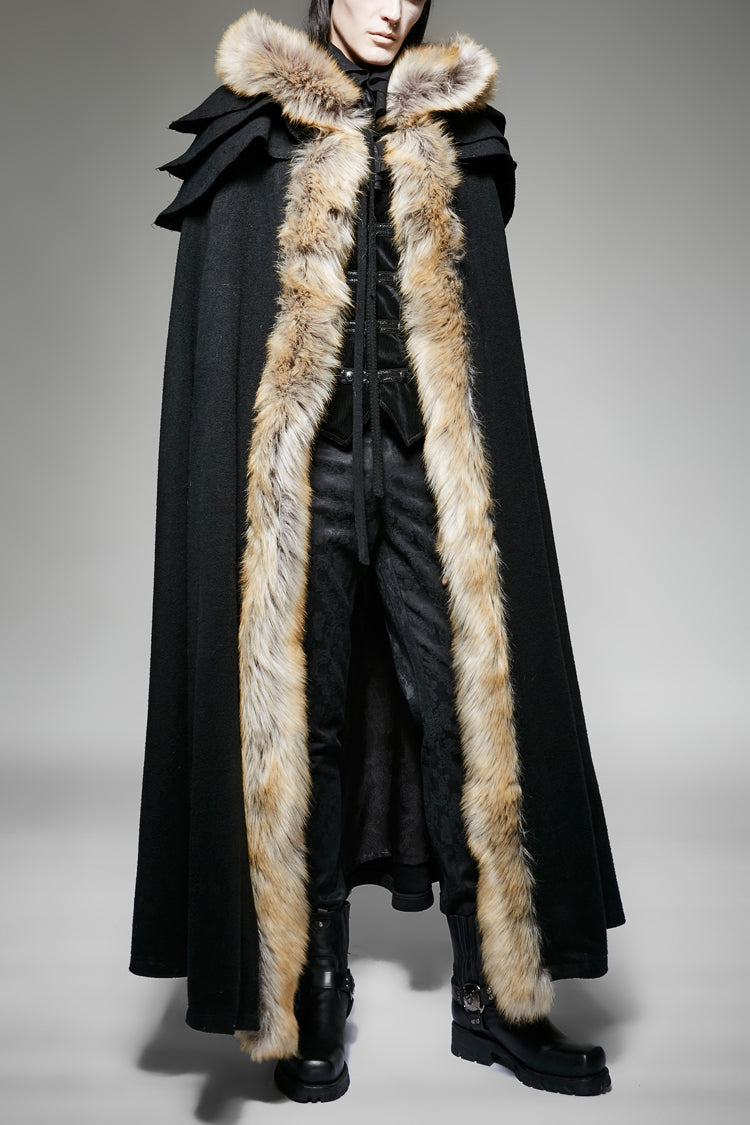 Men's Gothic Coat Cloak with Hooded Fur Collar Wool Long Design