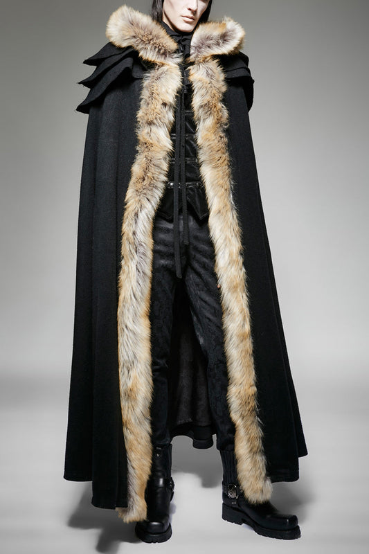 Men's Gothic Coat Cloak with Hooded Fur Collar Wool Long Design