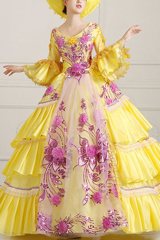 Yellow Victorian Dress with Hime Sleeves and Lace Embroidery - Altfashion Shop