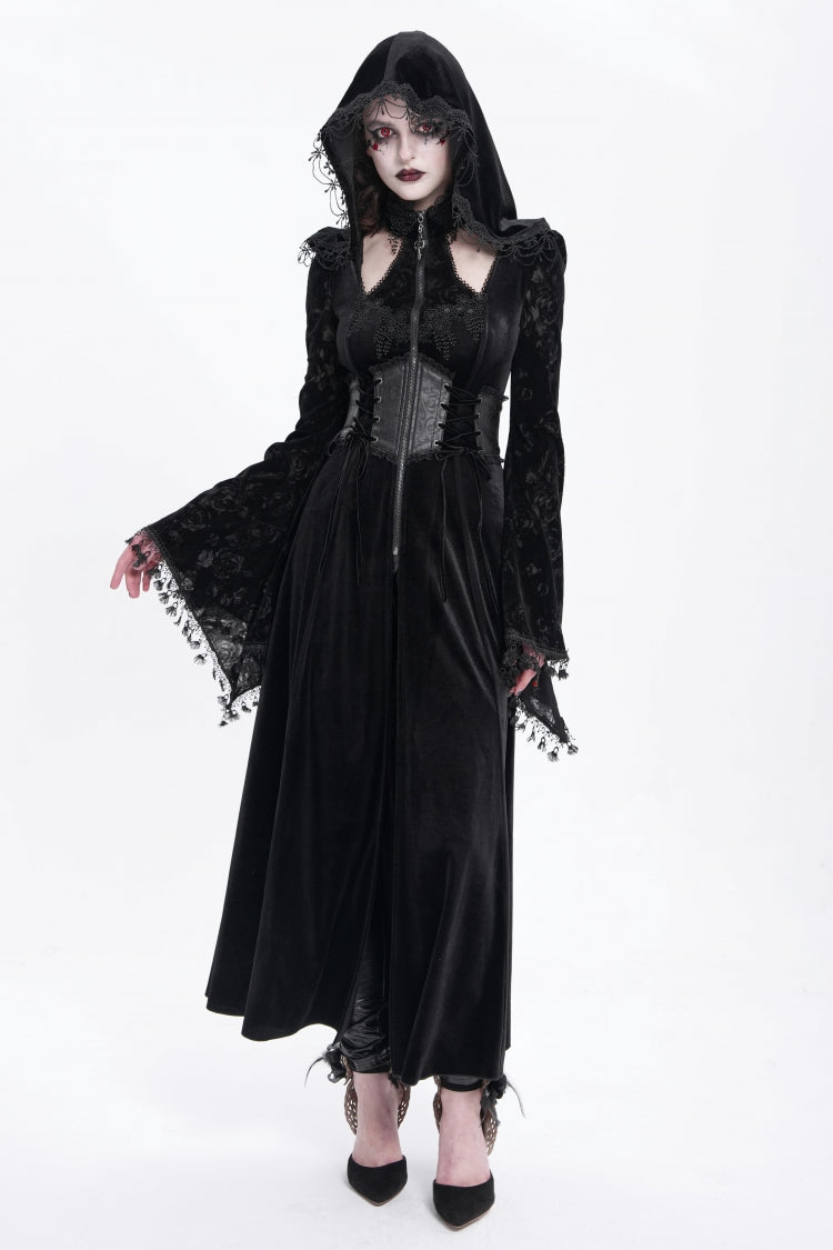 Black Long Sleeves Cutout Embroidered Hooded Ripped Gothic Coat Dress