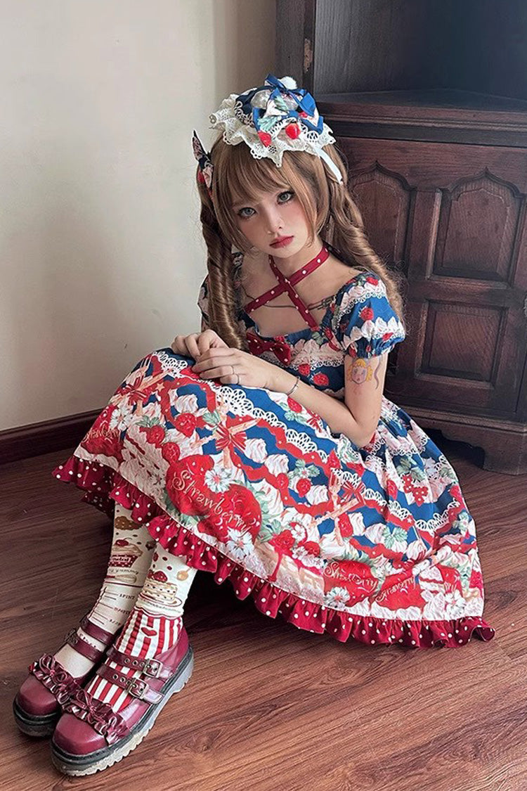 Berry Fairy Print Short Sleeve Ruffle Bowknot Dress - Red/Blue