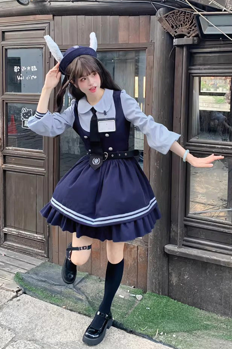 Blue Rabbit Officer Long Sleeves Printed Ruffled Faux Two-Piece College Style Sweet Dress